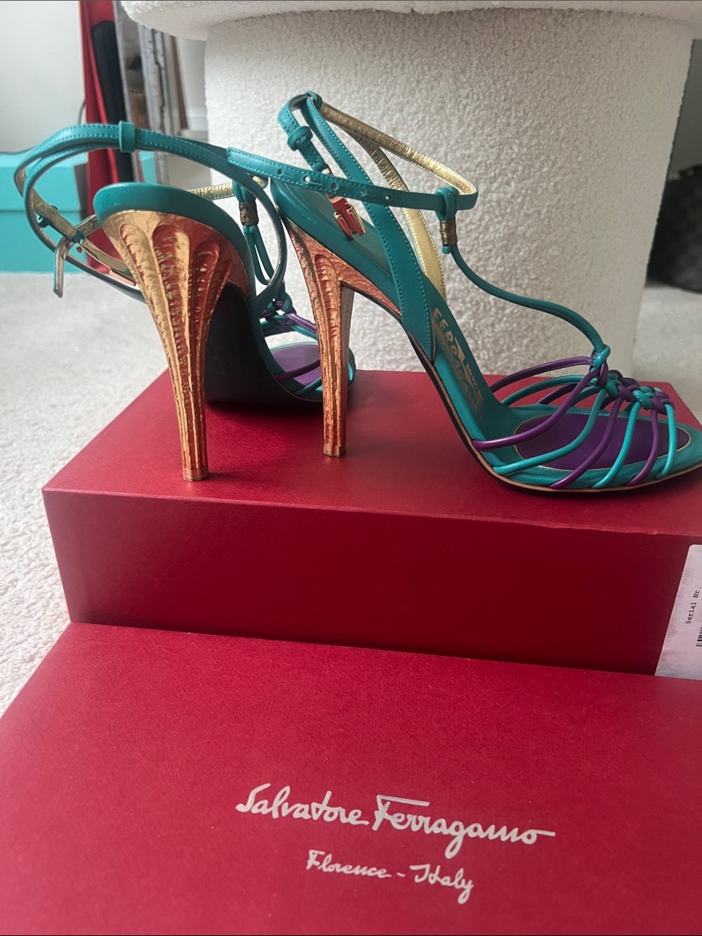 Salvatore Ferragamo Teal and Purple Strappy Knotted High-Heel Sandals - Picture 2 of 4